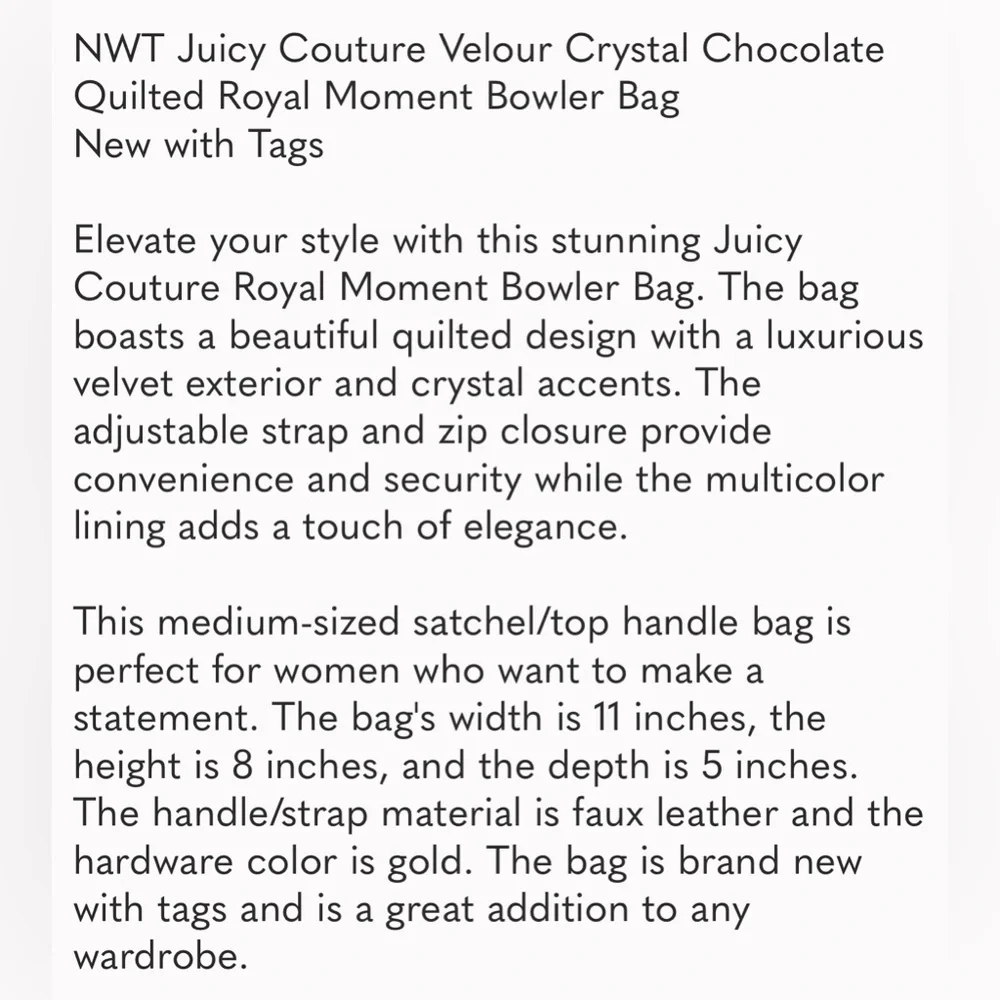 ❌SALE❌NWT Juicy Couture Velour Crystal Chocolate Quilted Royal Moment Bowler Bag - Picture 9 of 10